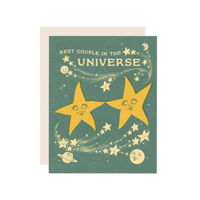 Card with two yellow stars and the text 'Best Couple in the Universe' on a green background