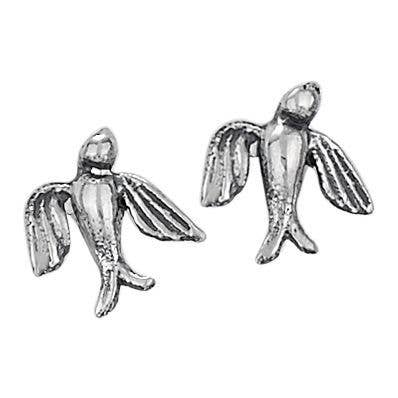 A pair of silver-toned bird stud earrings shaped like flying swallows, shown on a plain white background.
