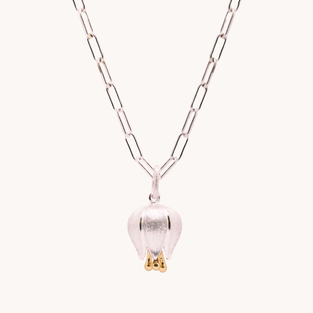 silver paperclip chain with tulip drop pendant 