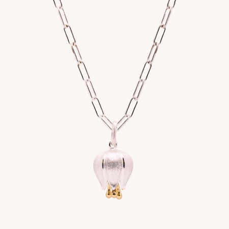 silver paperclip chain with tulip drop pendant 