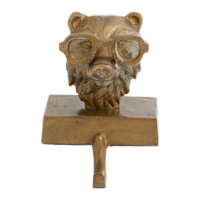 Bronze bear head with glasses on stocking holder