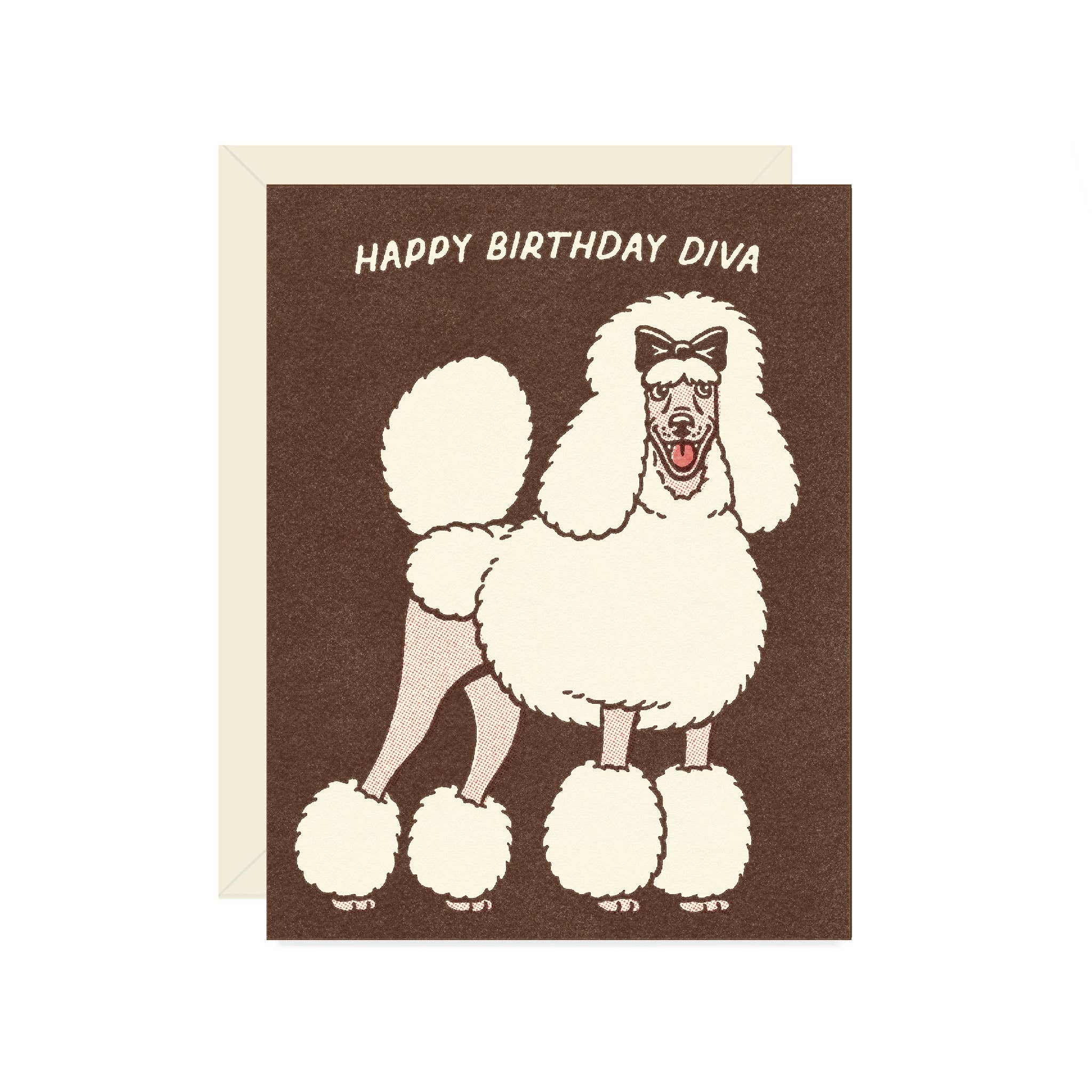 Birthday card with a poodle illustration and 'Happy Birthday Diva' text on a brown background.