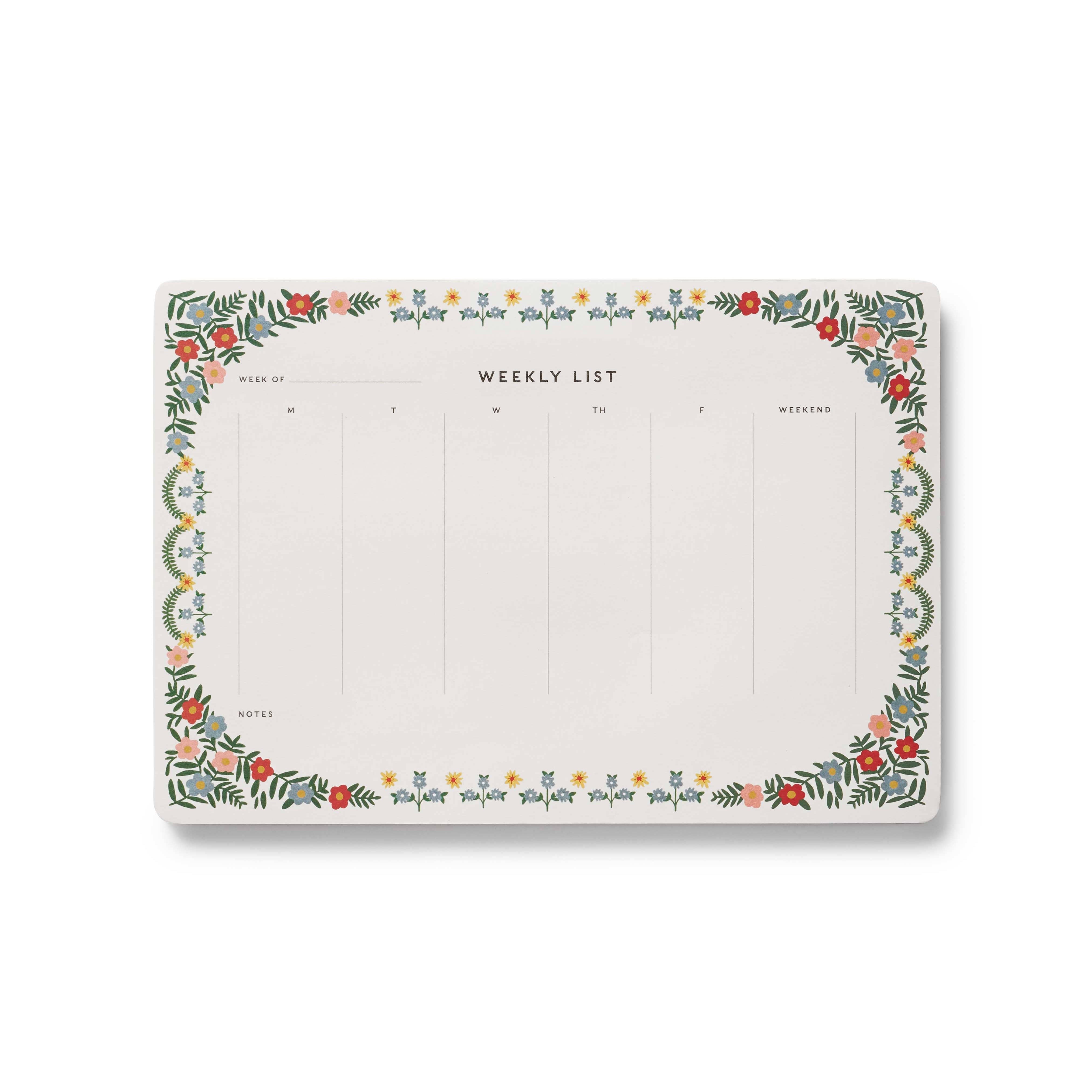 Weekly planner pad with floral border on a white background