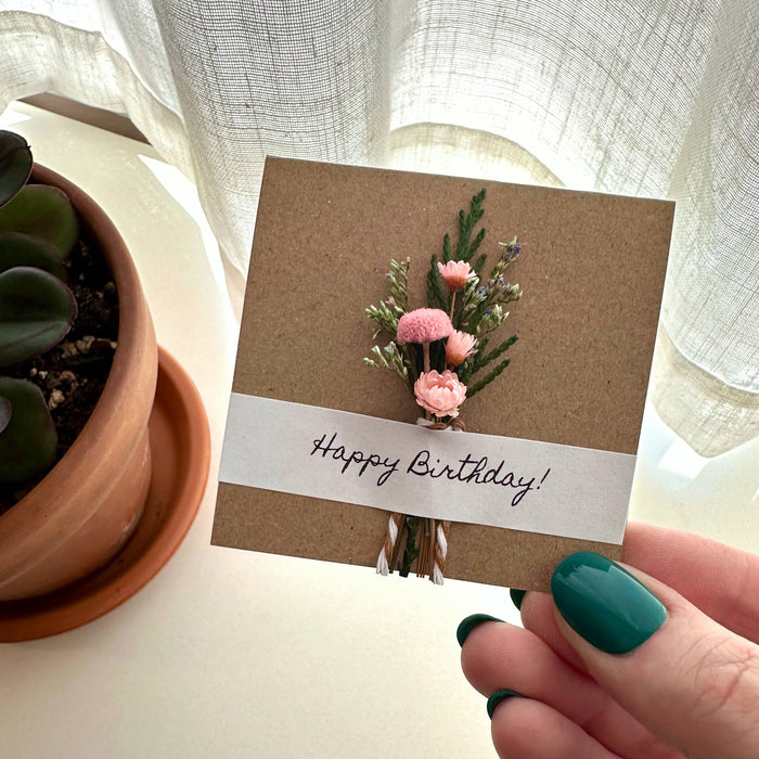 Happy Birthday Mini Pink Dried Floral Bouquet Card