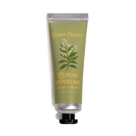 Hand cream tube labeled 'Lemon Verbena' by 'Flower Market' on a white background