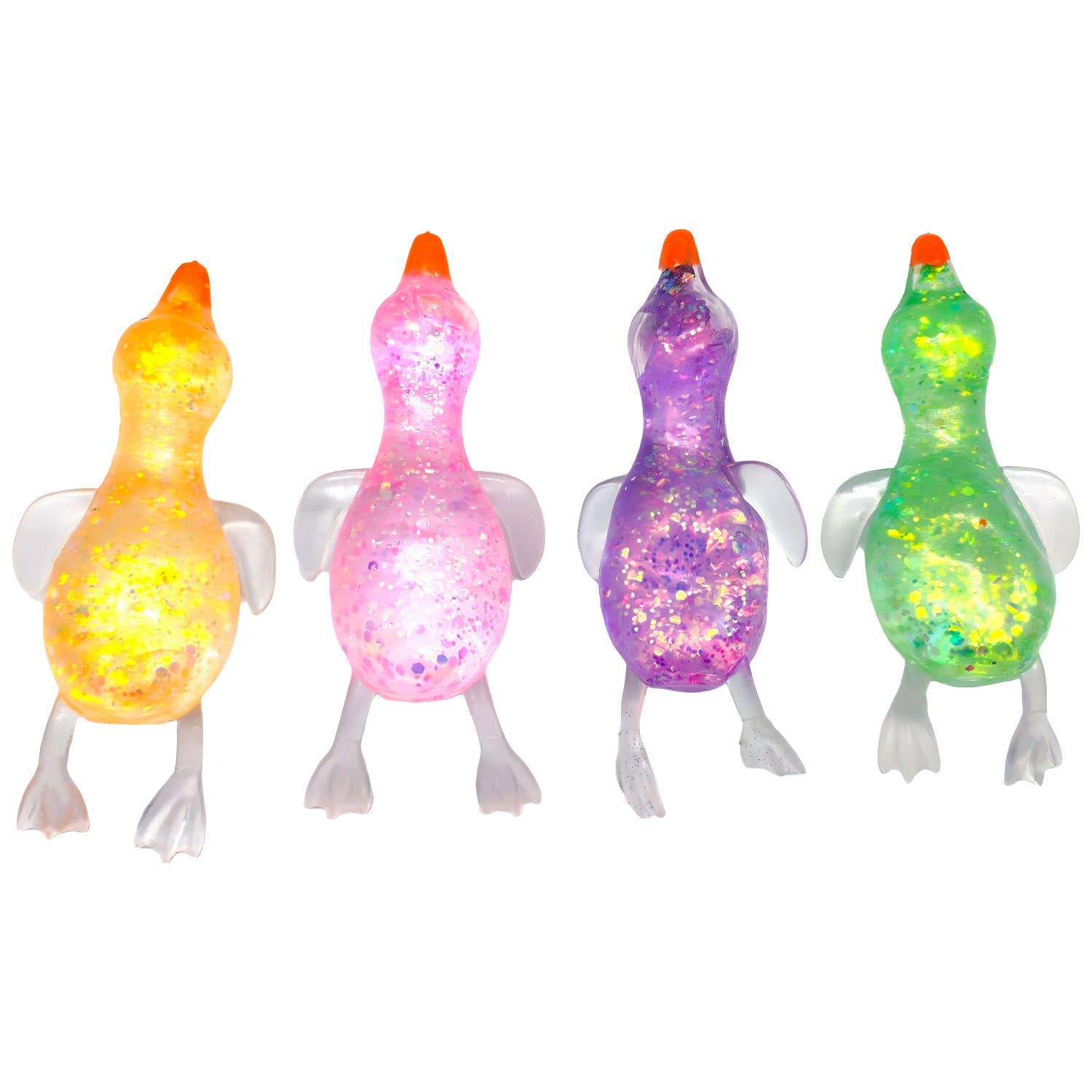 Four colorful duck-shaped squishies on a white background