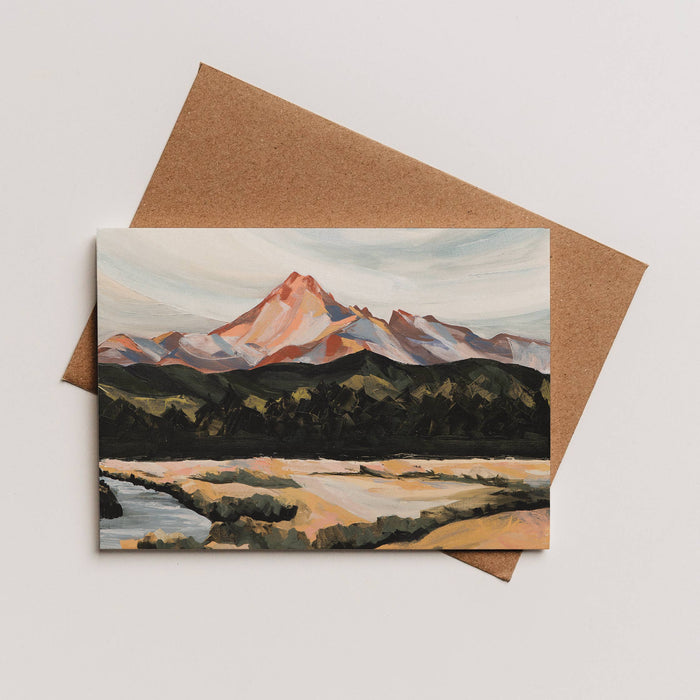 Greeting card with mountain landscape design on a brown envelope