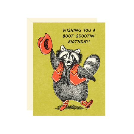 Birthday card with a raccoon illustration and humorous text on a green background
