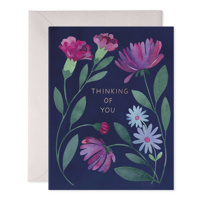Floral card with 'Thinking of You' text on a dark blue background