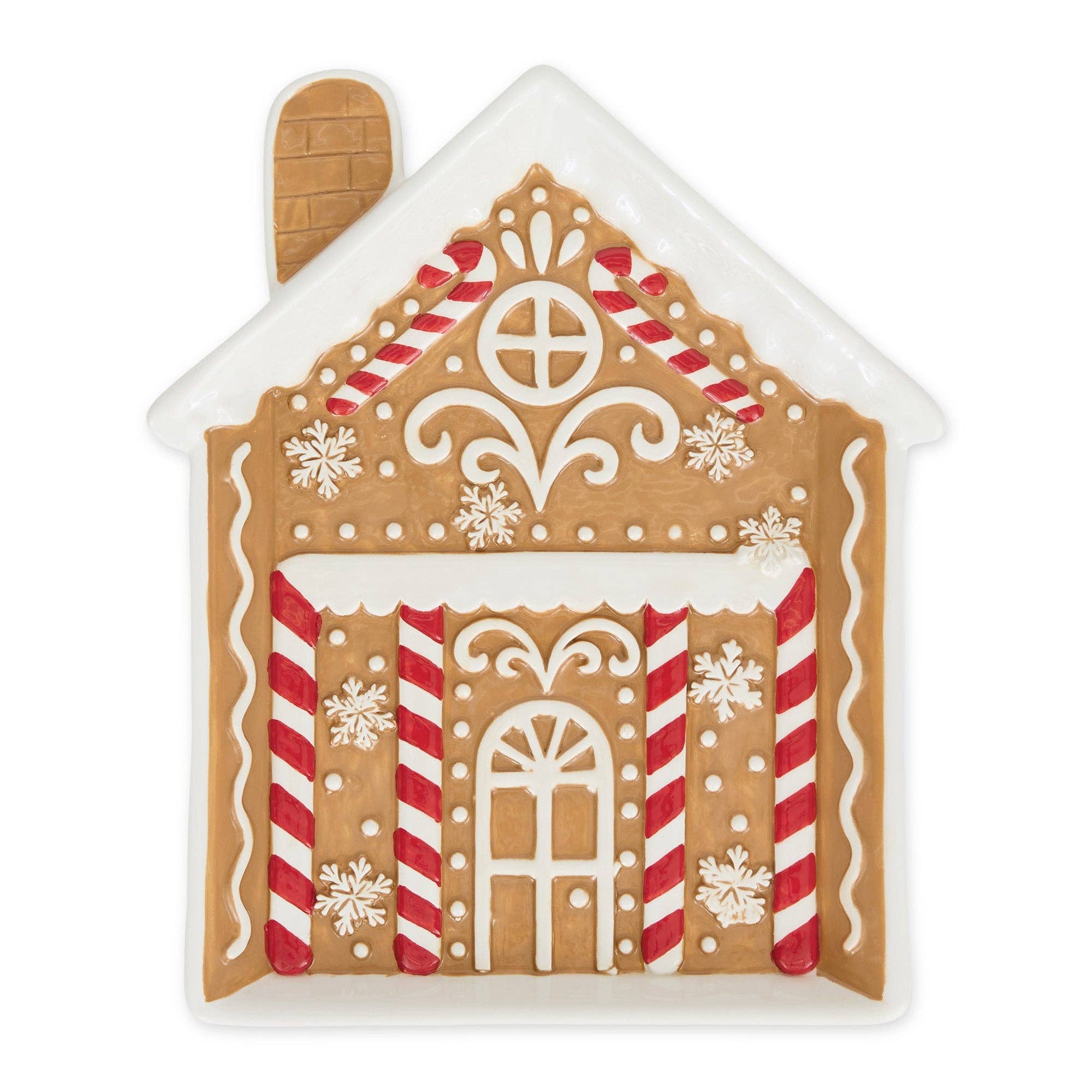 A gingerbread house shaped decorative piece with white icing-style detailing, red-and-white candy cane stripes, snowflakes, and a small chimney, shown on a plain white background.