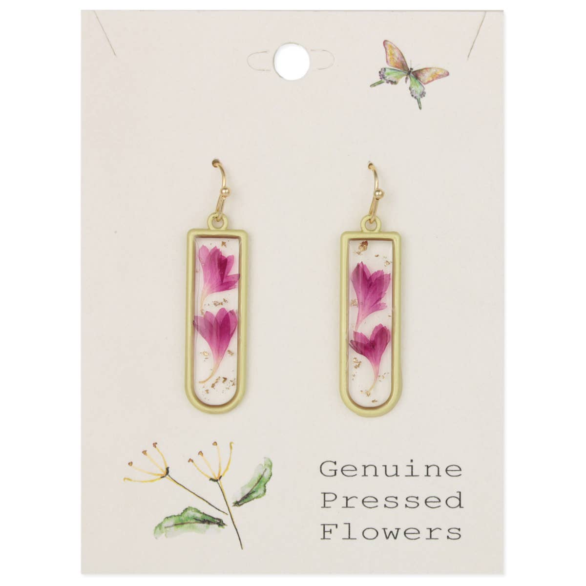 Gold earrings with pink flowers on a card labeled 'Genuine Pressed Flowers'.