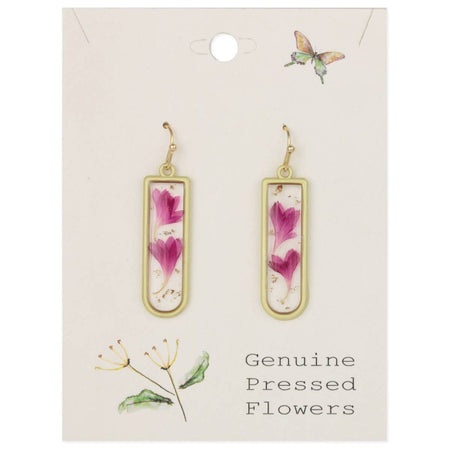 Gold earrings with pink flowers on a card labeled 'Genuine Pressed Flowers'.