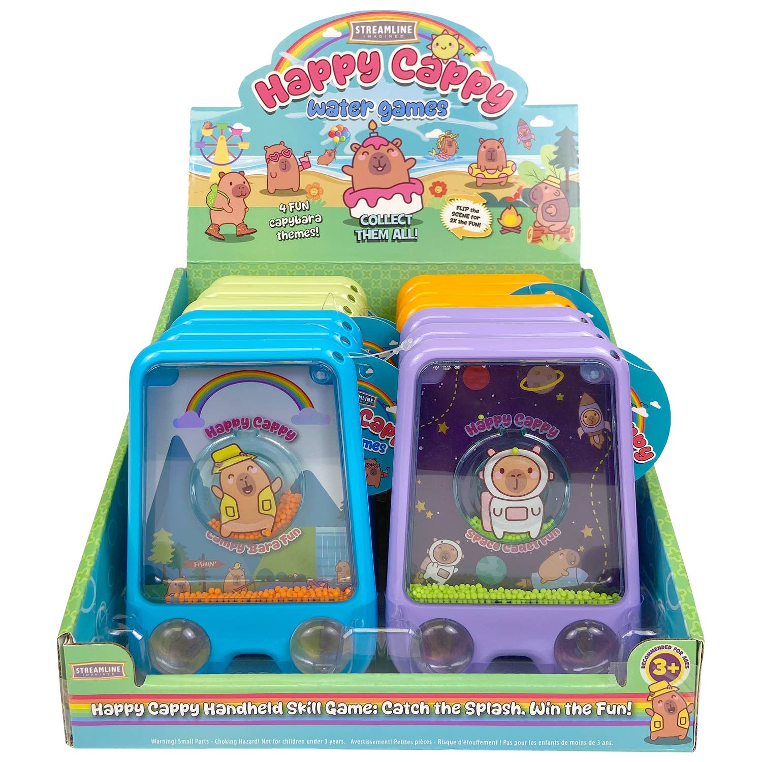 Happy Cappy handheld skill game packaging with colorful design and character images.