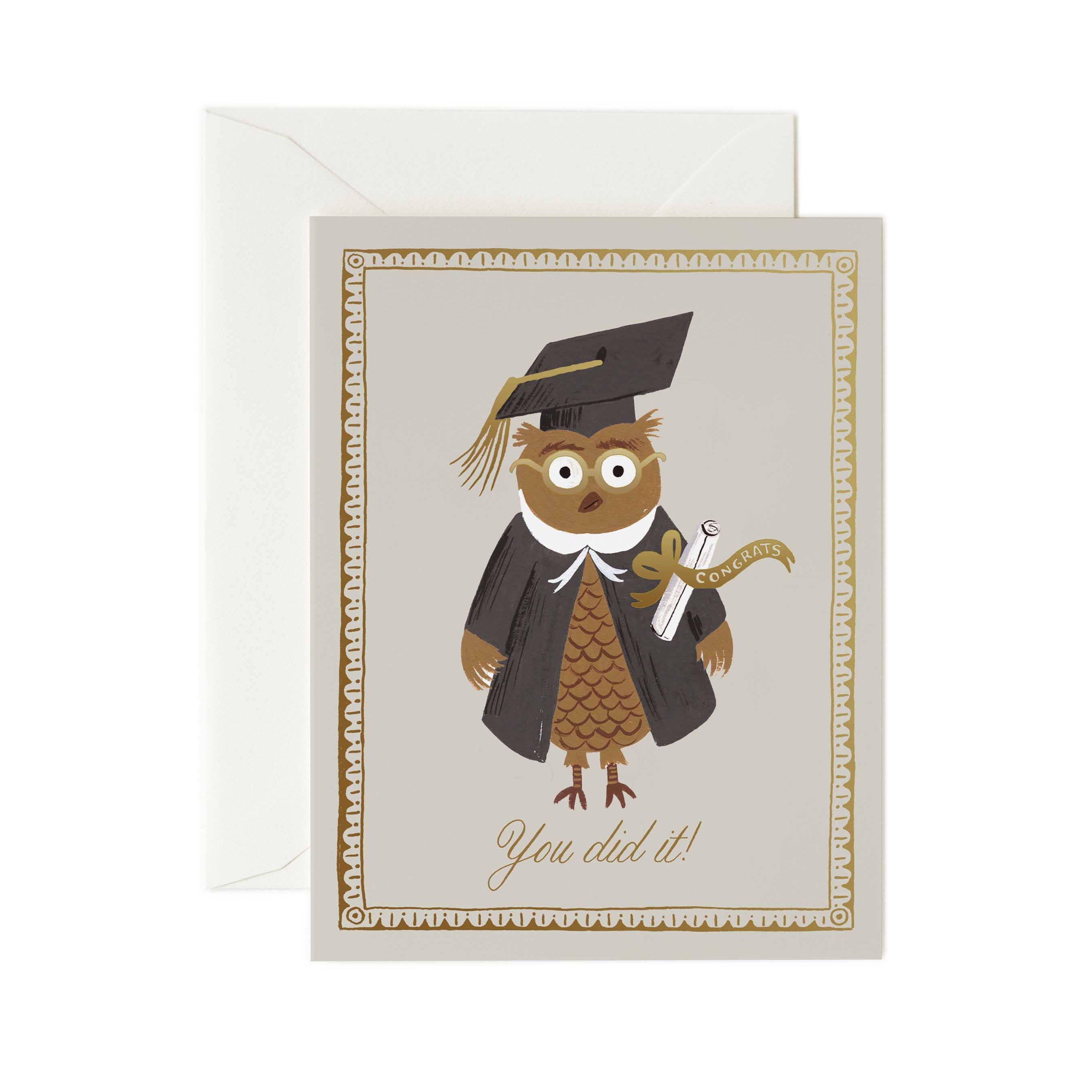 Graduation-themed card with an owl wearing a cap and gown, and the text 'You did it!' on a white background.