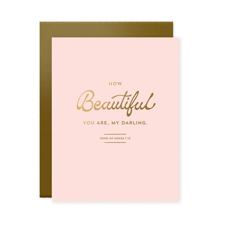 Greeting card with 'How Beautiful You Are, My Darling' text on a pink background
