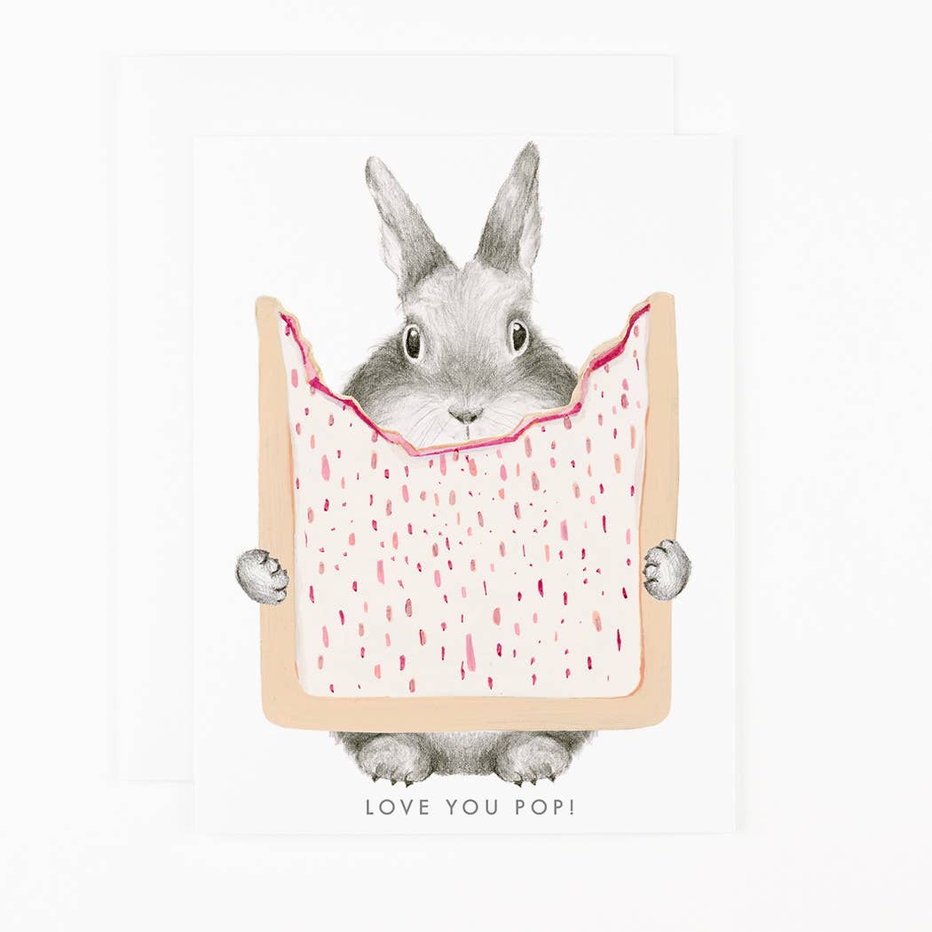 Small rabbit holding a pop tart that reads "love you pop" on a white background