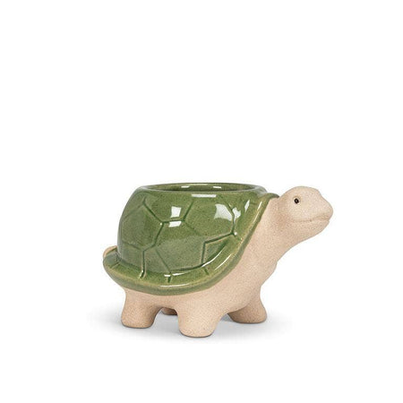 Ceramic turtle-shaped planter with green shell on a white background
