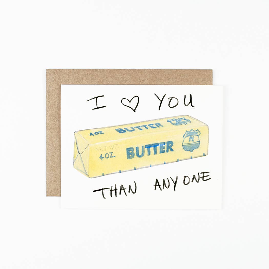 A greeting card with an envelope, featuring an illustration of a yellow butter packaging with the text 'I love you butter than anyone' with a butter bar illustration. The card is presented on a white background.