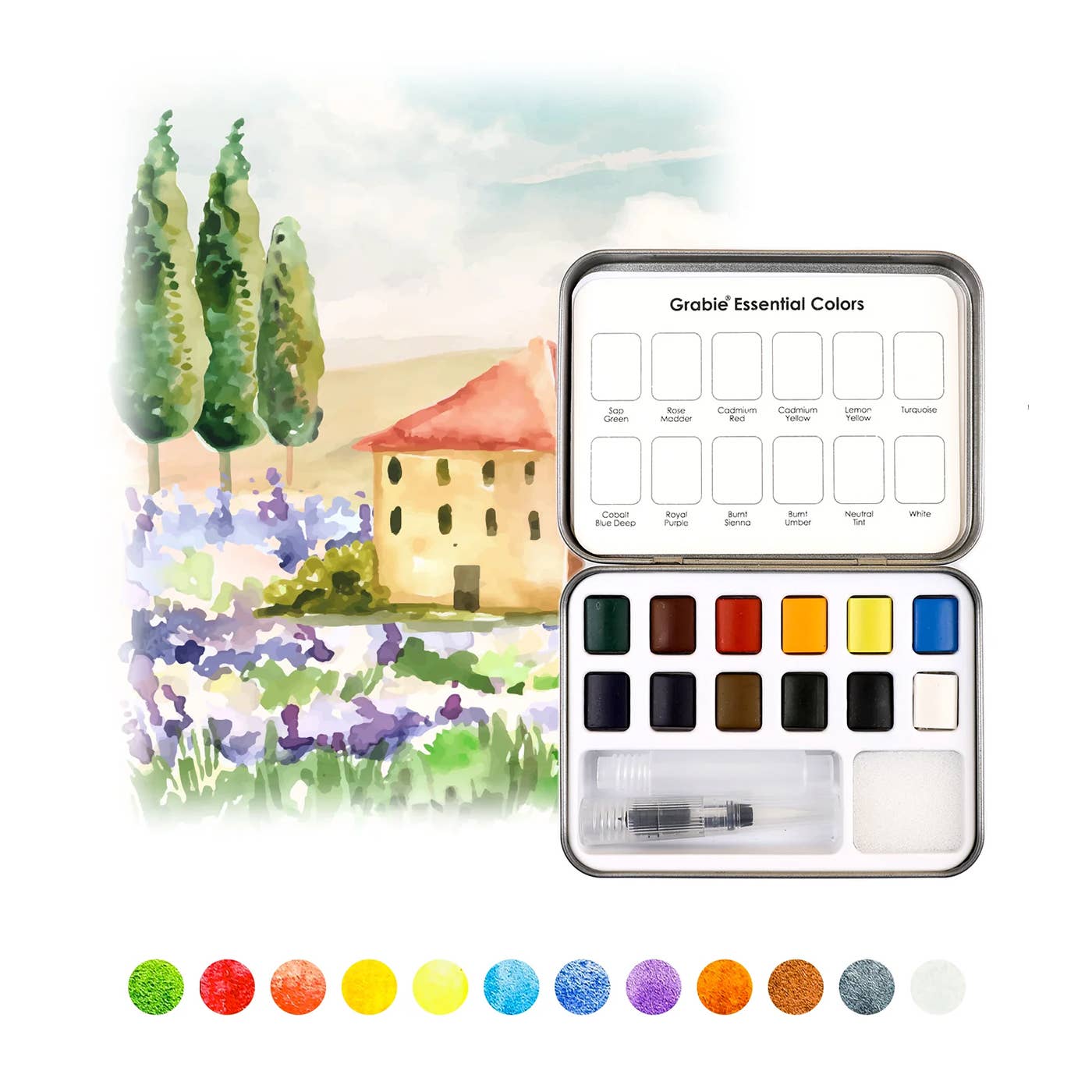 Watercolor paint set with a scenic illustration on a white background