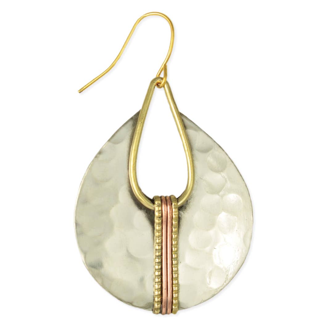 A hammered teardrop-shaped dangle earring featuring a textured silver-toned metal body, a gold-toned wire frame and fishhook, and a vertical accent of copper and gold beaded wires, shown on a plain white background.