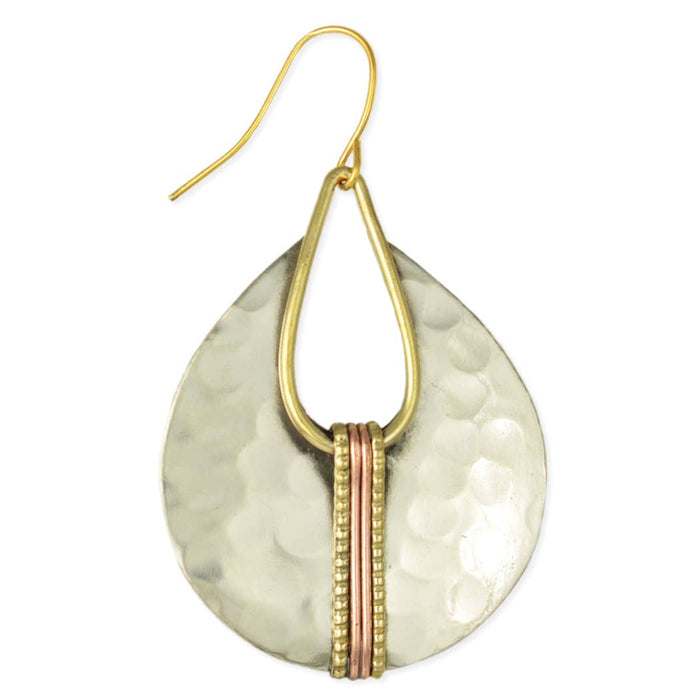 A hammered teardrop-shaped dangle earring featuring a textured silver-toned metal body, a gold-toned wire frame and fishhook, and a vertical accent of copper and gold beaded wires, shown on a plain white background.
