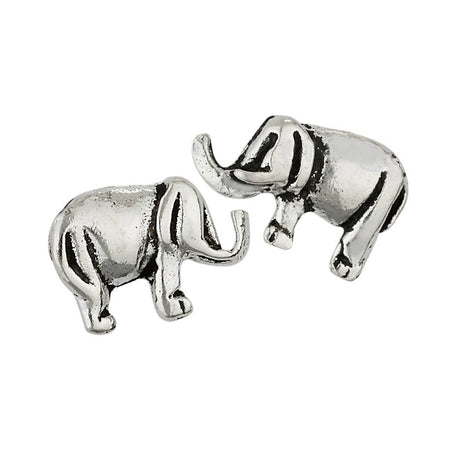 A pair of silver elephant stud earrings with a textured, antiqued finish, shown on a plain white background.