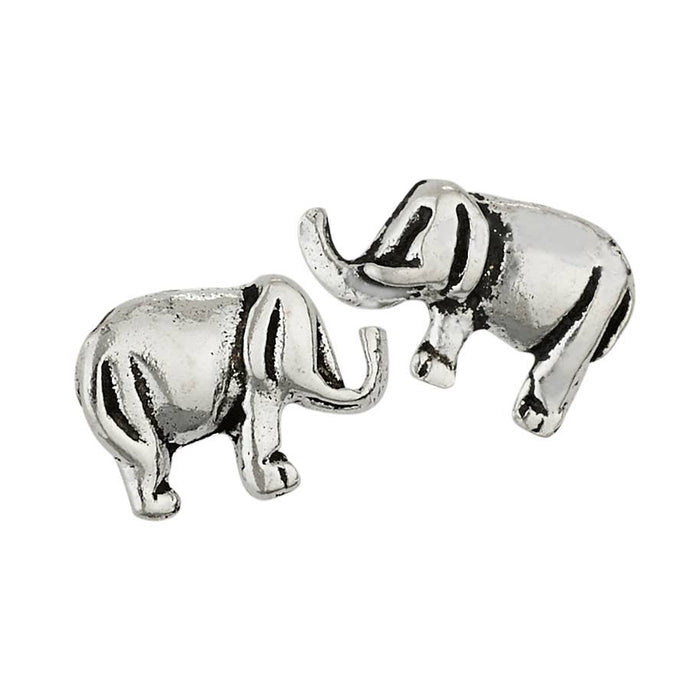 A pair of silver elephant stud earrings with a textured, antiqued finish, shown on a plain white background.