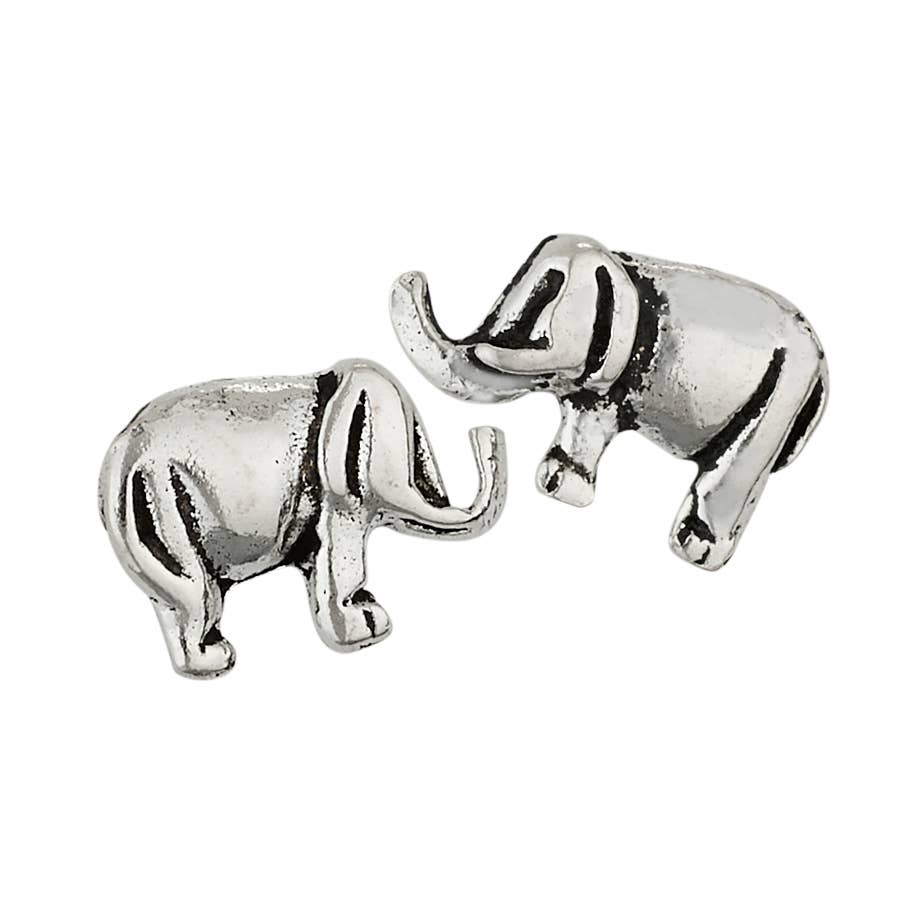 A pair of silver elephant stud earrings with a textured, antiqued finish, shown on a plain white background.