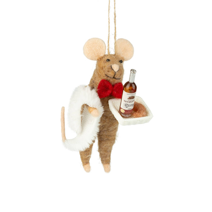 A13550:Felt mouse orn, natural, with wine tray, 4.5 in