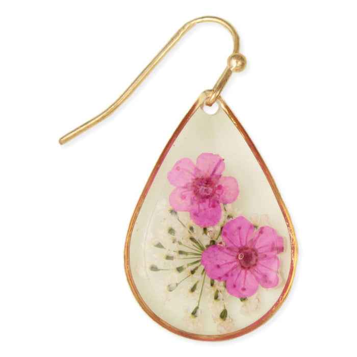 Pretty Pink Dried Flower Gold Teardrop Earrings