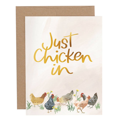 Greeting card with chickens and 'Just Chicken In' text on a white background