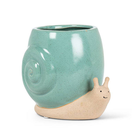 Teal ceramic snail-shaped cup on a white background