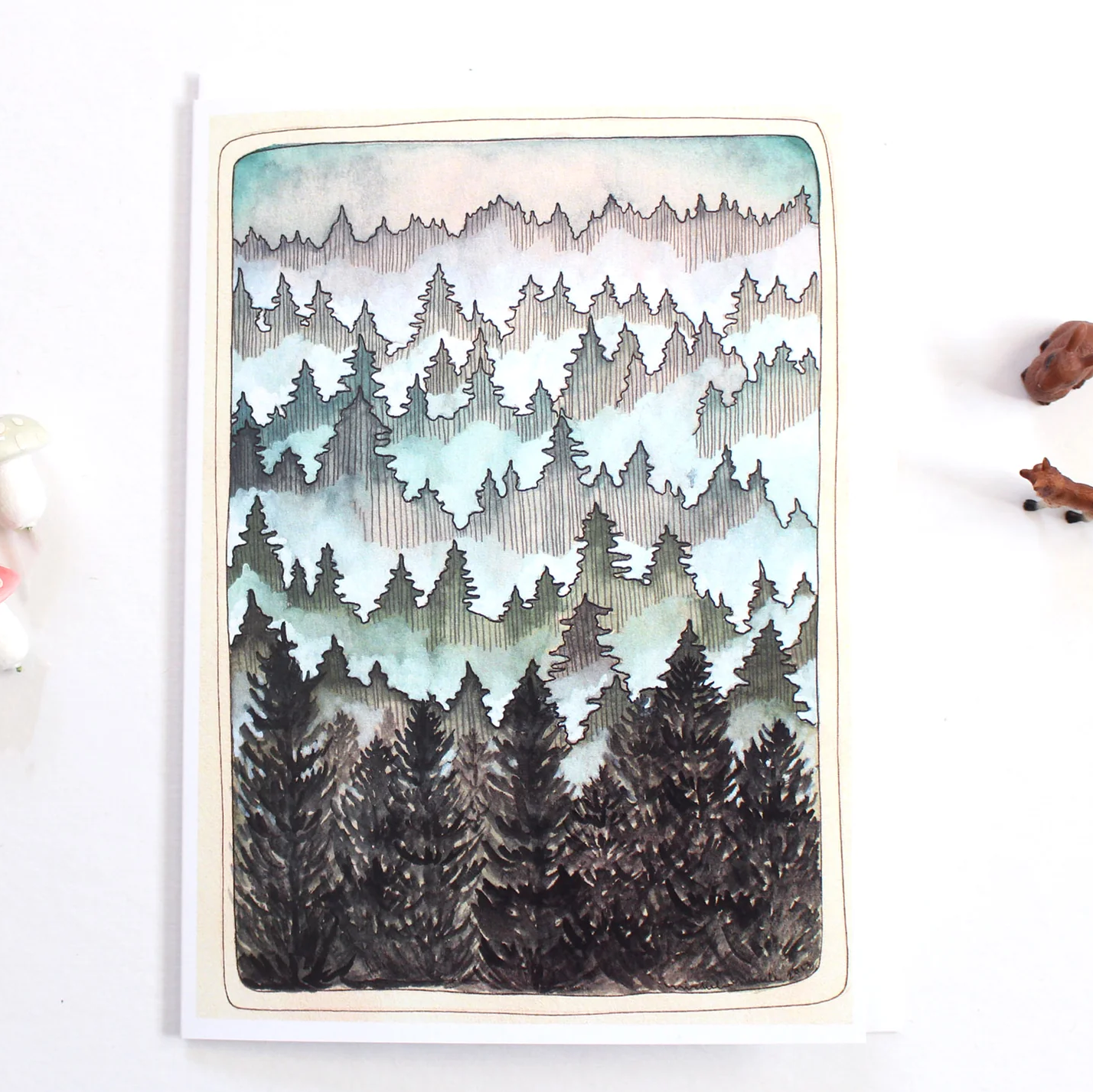 Artistic depiction of a forest with watercolor textures on a white background