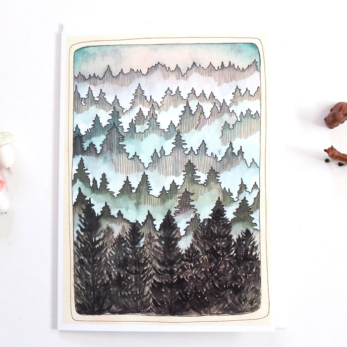 Artistic depiction of a forest with watercolor textures on a white background