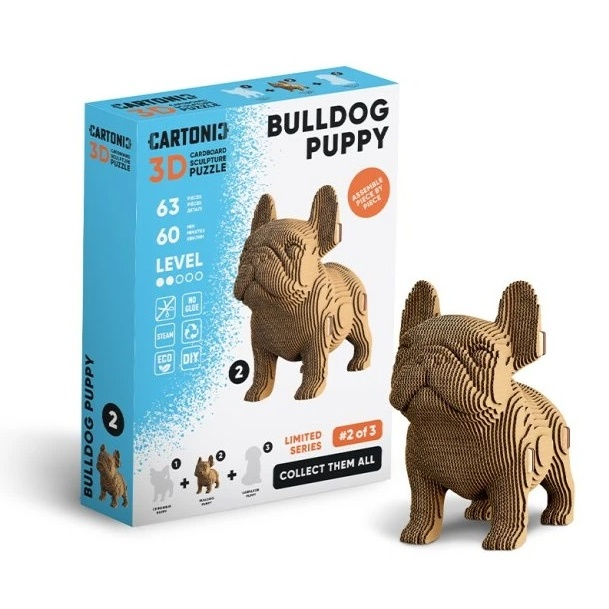 3D puzzle packaging of a bulldog puppy with a wooden puzzle piece next to it.