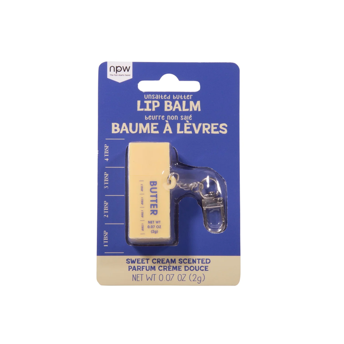 butter shaped lip balm keychain in blue packaging 