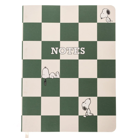 Checkered notebook with snoopy illustrations and 'NOTES' text on a white background