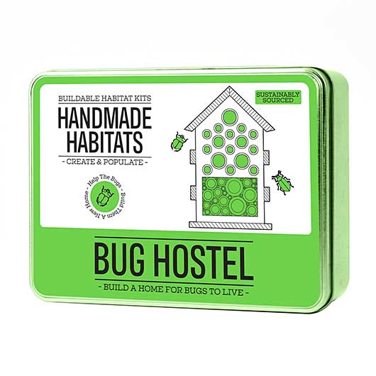 Green packaging of 'Bug Hostel' with text and graphic on a white background