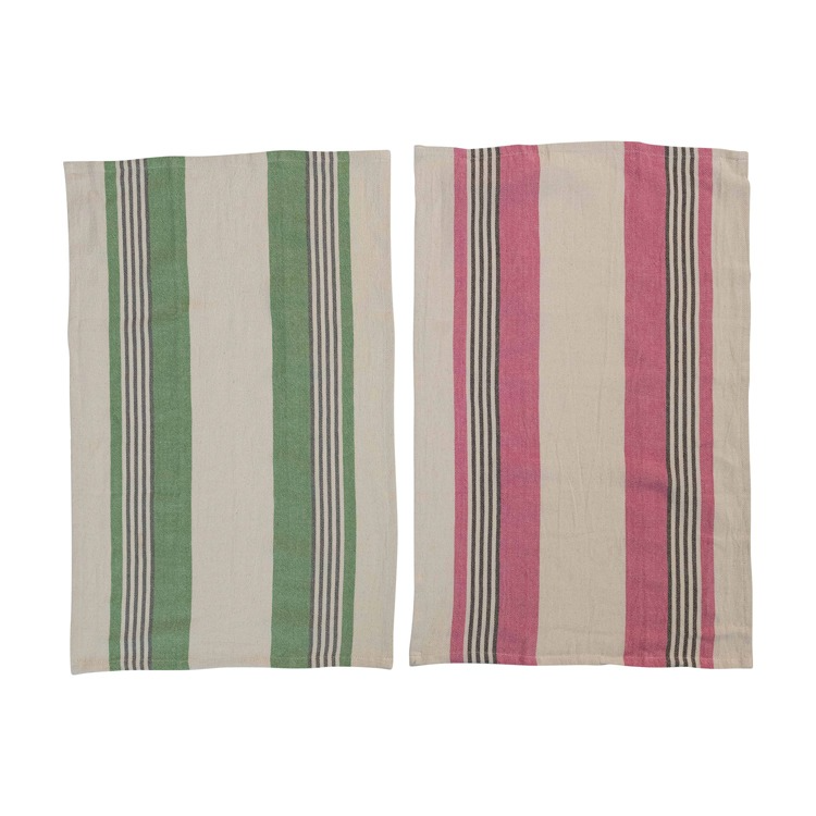 Two striped fabric panels, one green and white, the other pink and white, on a white background.