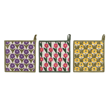 Three floral patterned pot holders on a white background