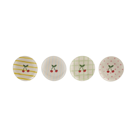 Four decorative plates with cherry designs on a white background