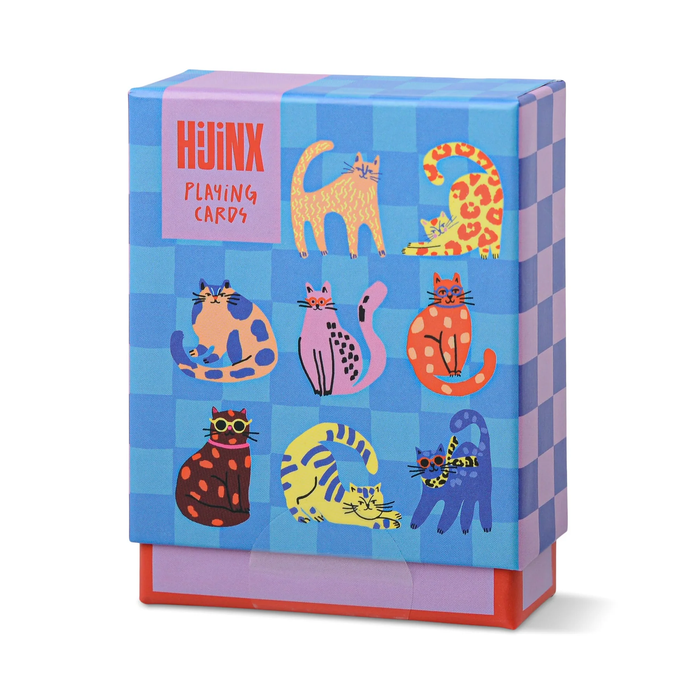 Colorful playing card box with cat illustrations on a white background