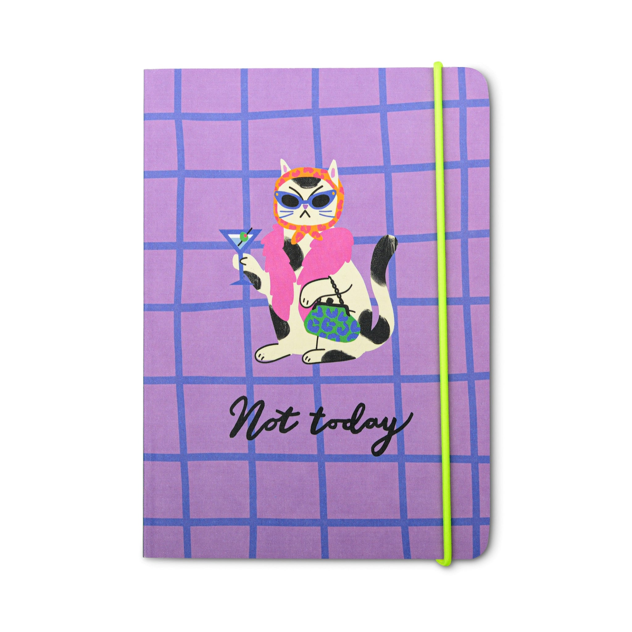 Notebook with a cat illustration and 'Not today' text on a purple grid background