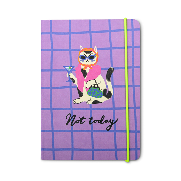 Notebook with a cat illustration and 'Not today' text on a purple grid background