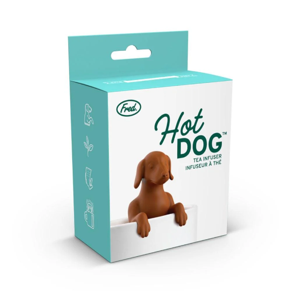 Hot Dog tea infuser packaging with a dog-shaped design on a white background
