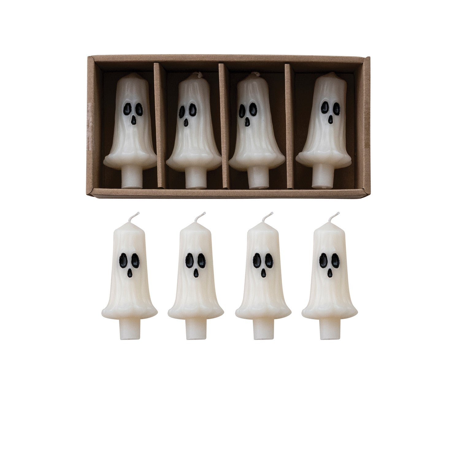 Unscented Ghost Shaped Bottle Taper Candles in Box, White & Black, Set of 4