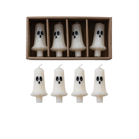 Unscented Ghost Shaped Bottle Taper Candles in Box, White & Black, Set of 4