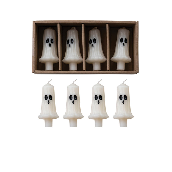 Unscented Ghost Shaped Bottle Taper Candles in Box, White & Black, Set of 4