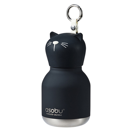 Black cat-shaped insulated bottle with a keychain on a white background