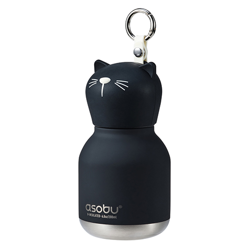 Black cat-shaped insulated bottle with a keychain on a white background